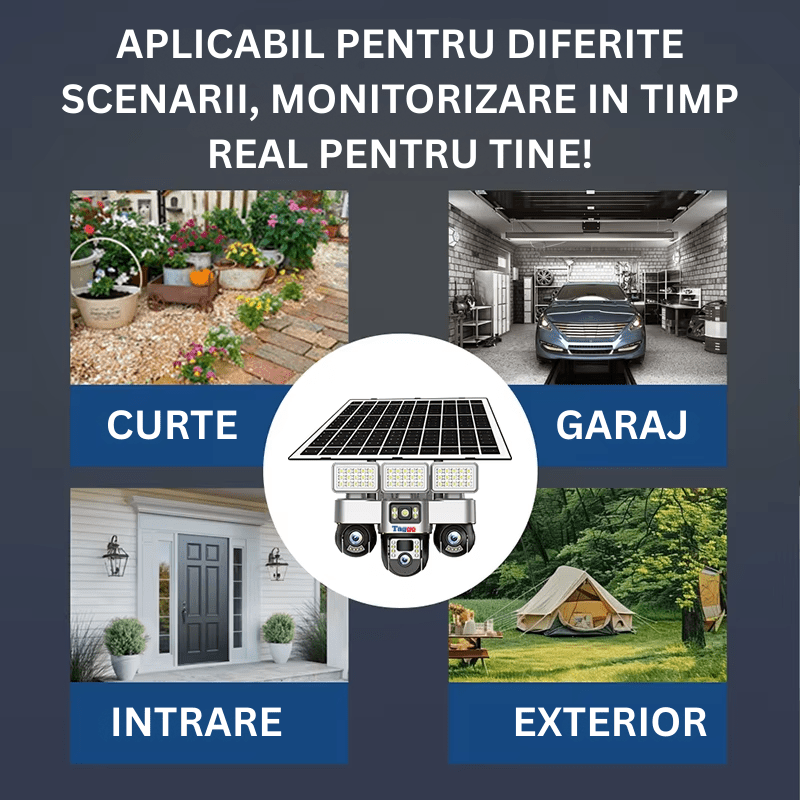 Camera de supraveghere Taggo.ro cu panou solar, 12MP, vizionare nocturnă, detectie mișcare, rezistentă la apă și conexiune 4G.