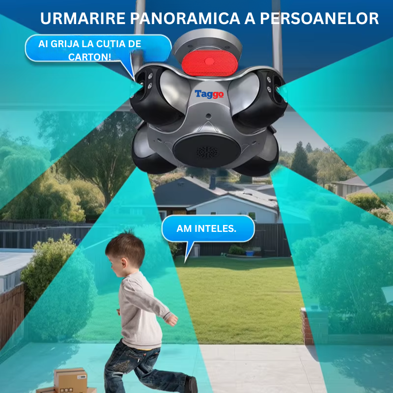 Camera de supraveghere WiFi 8K Taggo cu 4 lentile PTZ, control din aplicație, detectare mișcare și alarmă sonoră.