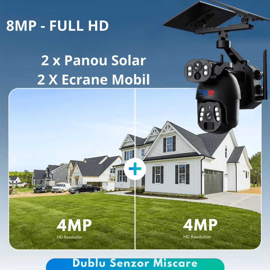 Camera supraveghere 4G Ultra HD Taggo.ro cu dual camera 6MP, incarcare solară, rotire din aplicație, rezistentă la apă IP66