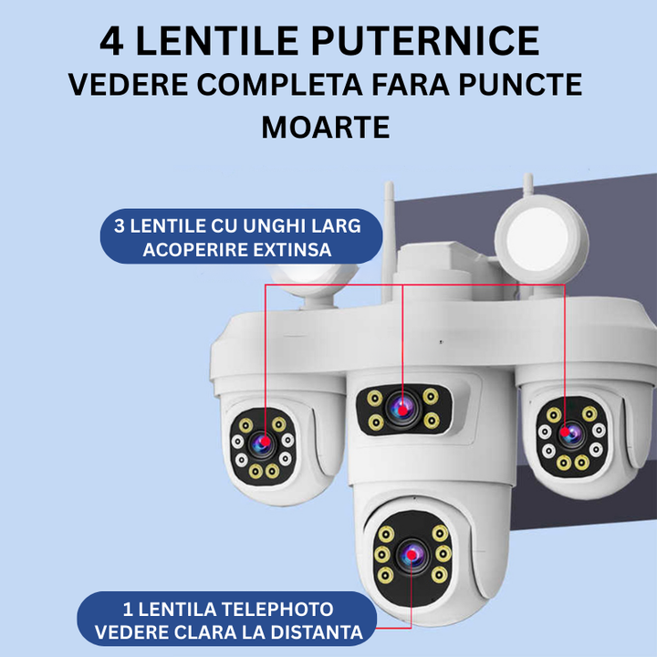 Camera Supraveghere WiFi cu 4 Lentile, 16MP, Viziune Color Noapte, Audio Bidirectional, IP65, Detectie si Urmarire Umana - Taggo.ro