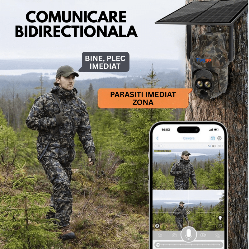Camera de vânătoare Taggo.ro, camuflaj, 4G, rezoluție 6MP, zoom optic 12X, IP66, audio bidirectional, control prin aplicație