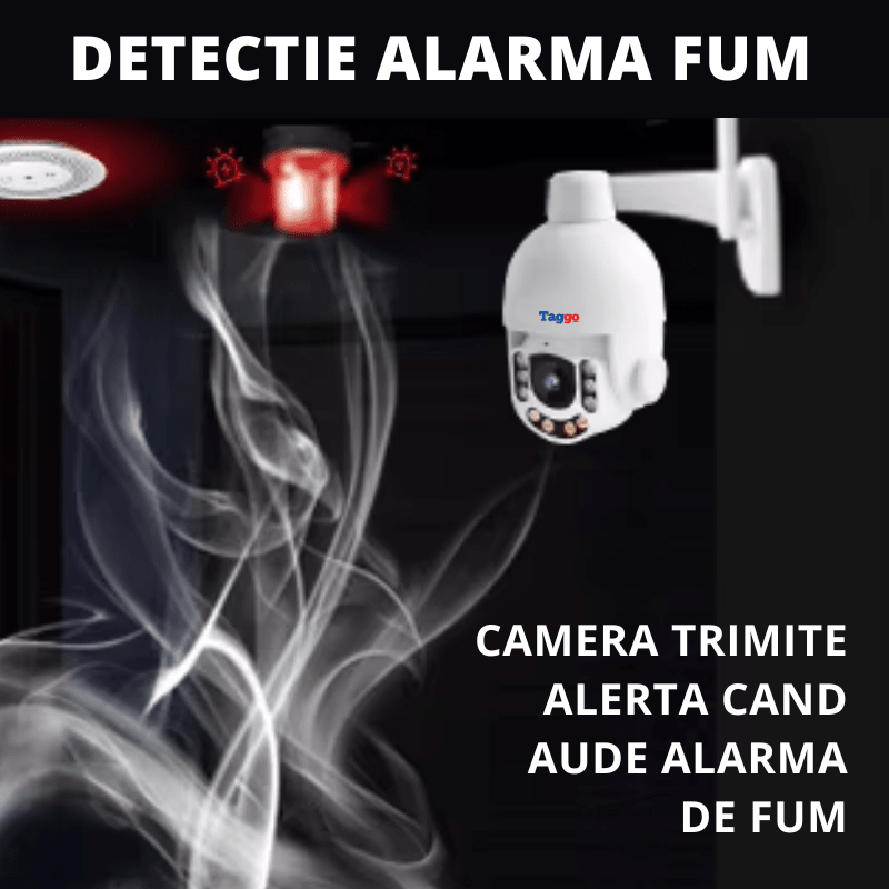 Camera supraveghere smart Taggo.ro cu conectivitate 4G, rezistență la apă și praf, comunicare bidirecțională, montaj exterior.