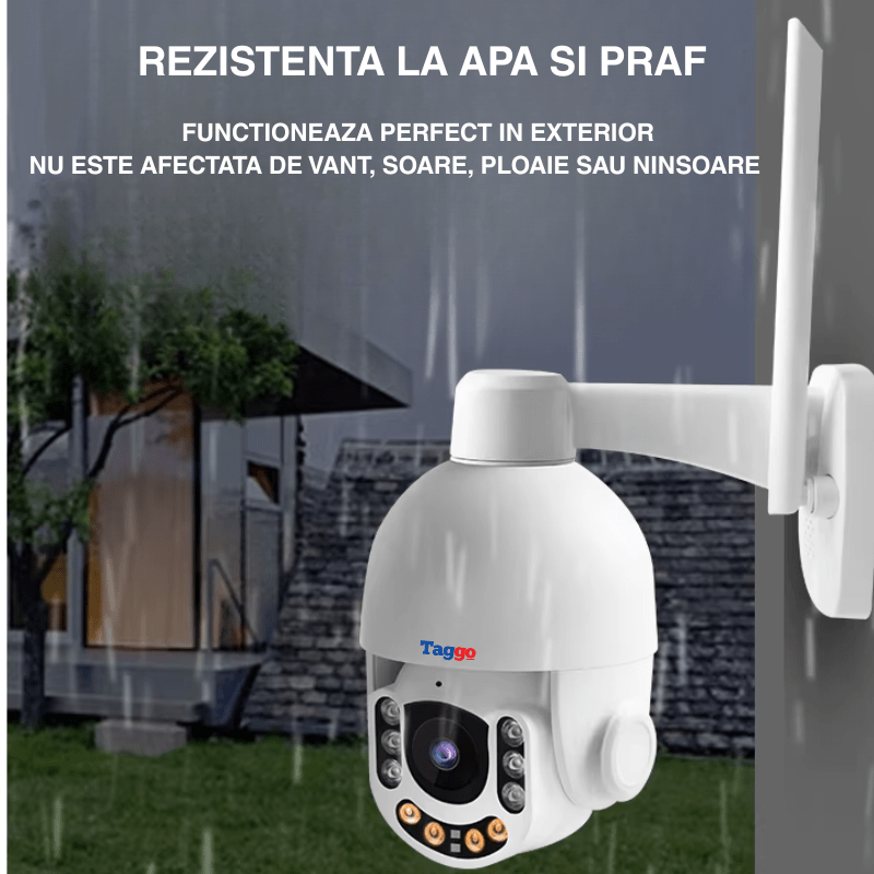 Camera supraveghere wireless Taggo.ro cu lentilă zoom optic 5X, 3MP, rezistentă la apă și praf IP66, detectie umană și comunicare bidirecțională