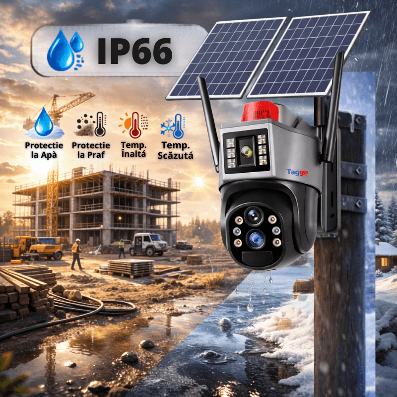 Camera de supraveghere Taggo.ro cu panou solar 4K, zoom 10X, conexiune 4G și detectie umană, IP66, control din aplicație.