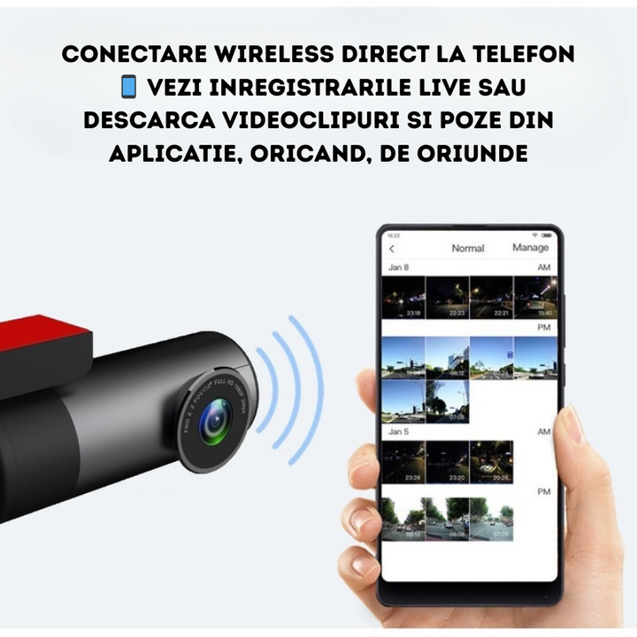 Camera de bord auto FULL HD 1080P, WiFi, compacta, unghi de filmare 150°, Night Vision, Rotativa 360° - Taggo.ro