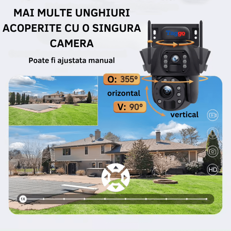 Camera de supraveghere WiFi Taggo.ro 3K Ultra HD, zoom 50X, duală, încărcare solară, rotire din aplicație, rezistentă la apă IP66