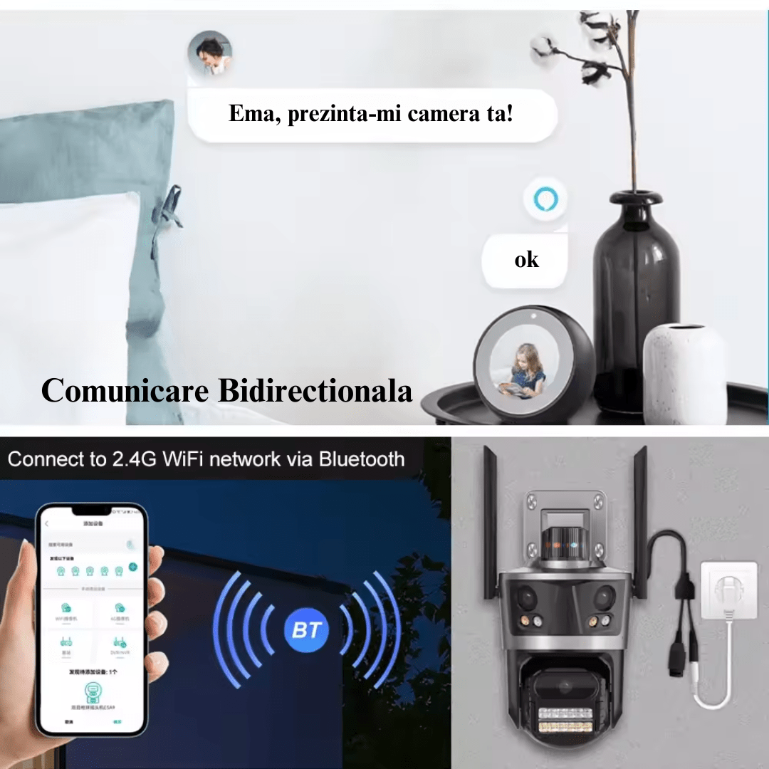 Camera de supraveghere WIFI 4K 8MP Taggo.ro, cu 3 lentile, control în aplicație, rezistentă la apă și alarmă.