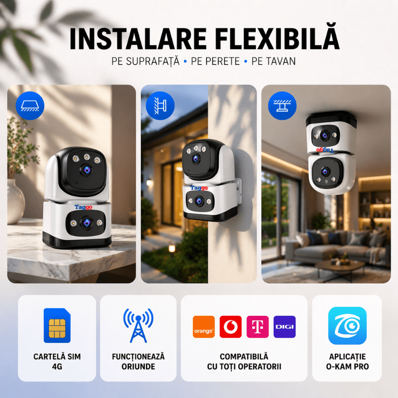 Camera de supraveghere interior Taggo cu conexiune 4G, 2 lentile, rezoluție 6MP, detectare persoane și vedere noapte.