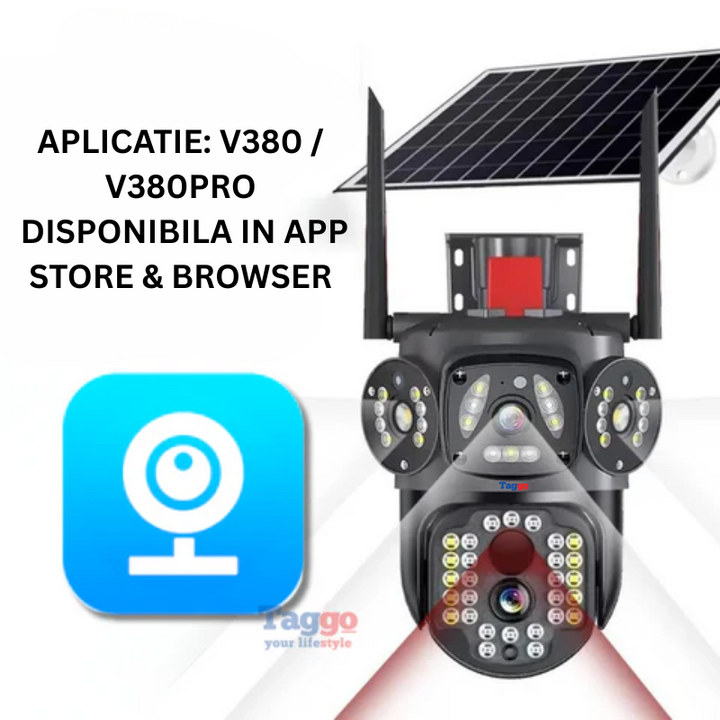 Camera Supraveghere 12MP 4G cu panou solar 10W, Multi-Lentile 3x4MP, Zoom optic 10X, 12xLED IR + 12xLED Alb, IP66 - Taggo.ro