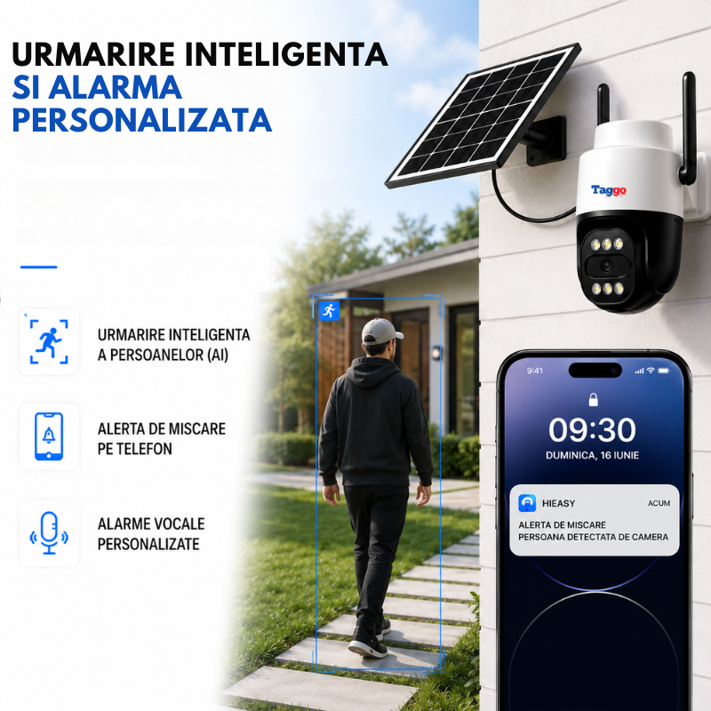 Cameră de supraveghere P60 4G cu panou solar 10W, 5MP și funcție PTZ, pentru securitate și monitorizare outdoor.