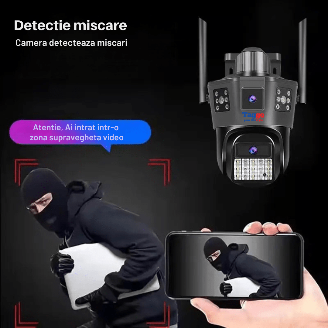 Camera de supraveghere 4G Taggo.ro cu 2 lentile, control prin aplicație, rezistentă la apă IP66, urmărire automată, compatibil SIM.