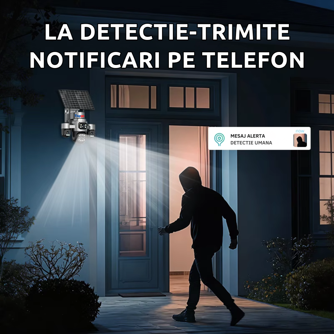 Camera de supraveghere 4G cu dublu panou solar 18X ZOOM, 20MP, 5 lentile, functie AOV, comunicare bidirectionala, detectie umana AI