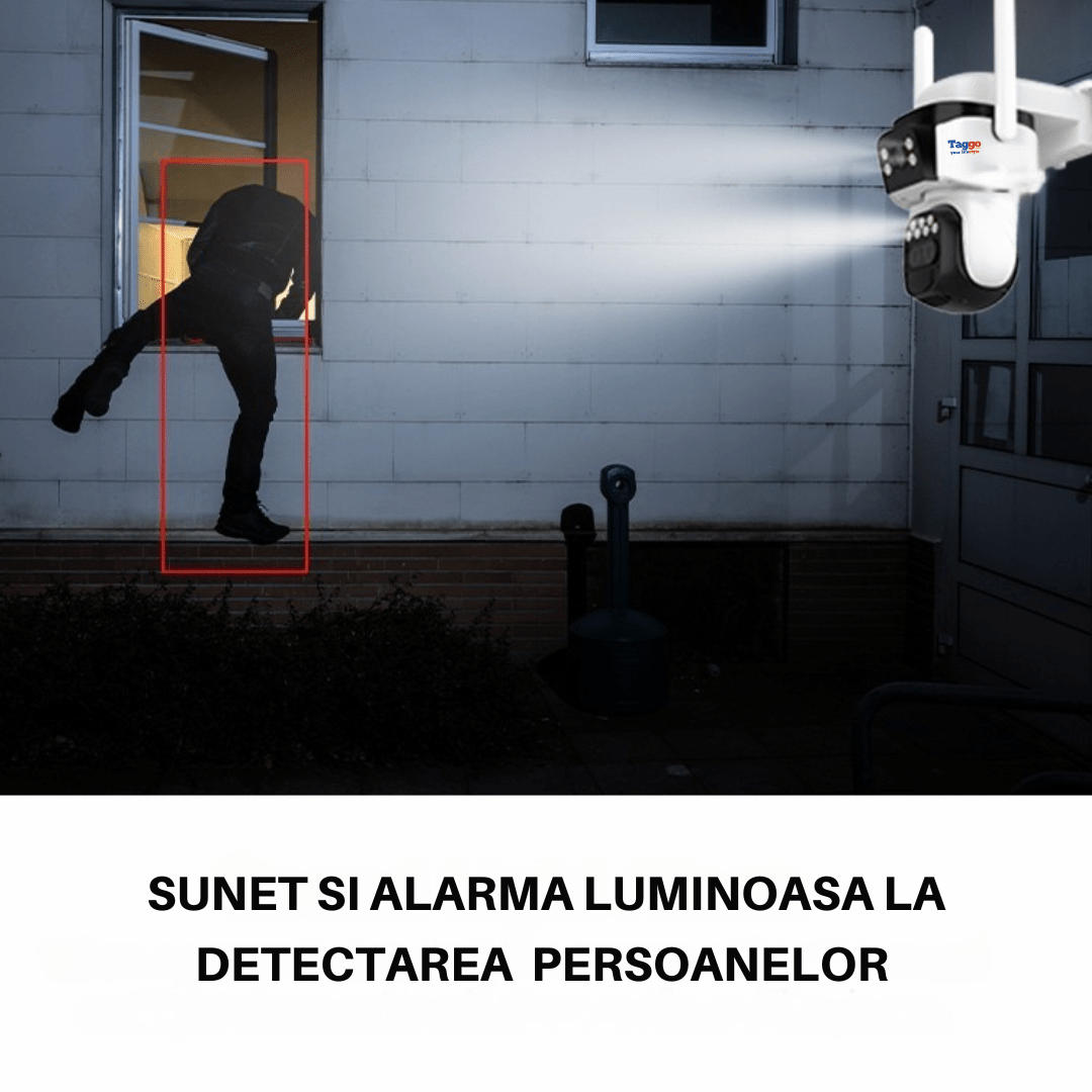 Camera supraveghere Taggo.ro cu panou solar 4G, 12MP, PTZ 360°, zoom 10X, rezistentă la apă, detectare umană și 3 lentile.