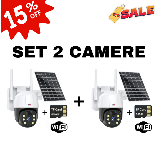 Set 2x Camere de Supraveghere Solara Exterior WIFI 5 MP, Zoom 10X, Full HD 1080p, Panou Solar 9W Rezistenta La Apa IP 66