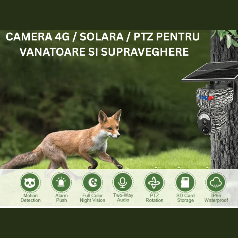 Camera de vânătoare Taggo 4MP cu conexiune 4G, GPS, detectare animale și alarmă pentru supraveghere în natură.