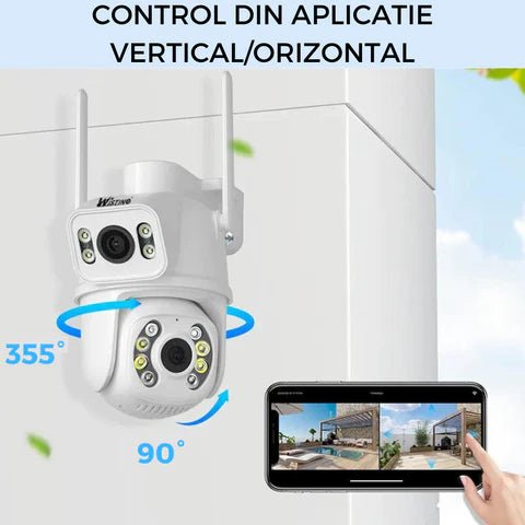 Camera WiFi de supraveghere Taggo 4K, 8MP cu 2 lentile, control din aplicație, urmărire automată și rezistență IP66.