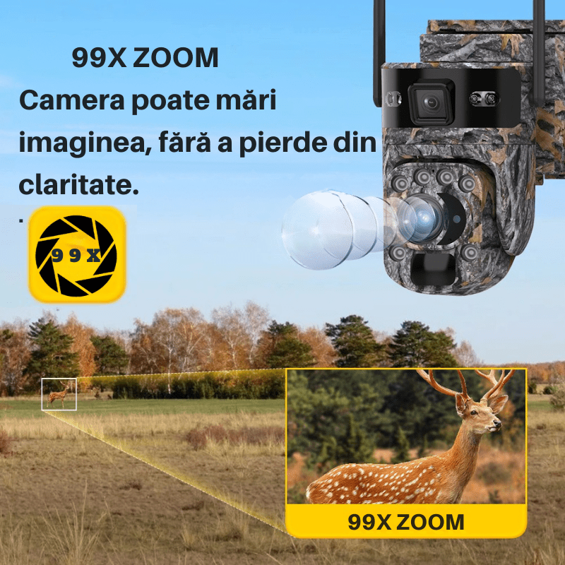 Camera de supraveghere WiFi 4K Ultra HD, cu zoom optic 99X, rotire PTZ, vedere nocturnă color și detectie AI, dual screen.
