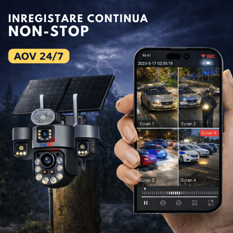 Camere Supraveghere, Panou Solar Dublu, 4K, 4G ZOOM OPTIC 99X,Vedere Full Color, Inregistarare AOV - Taggo.ro