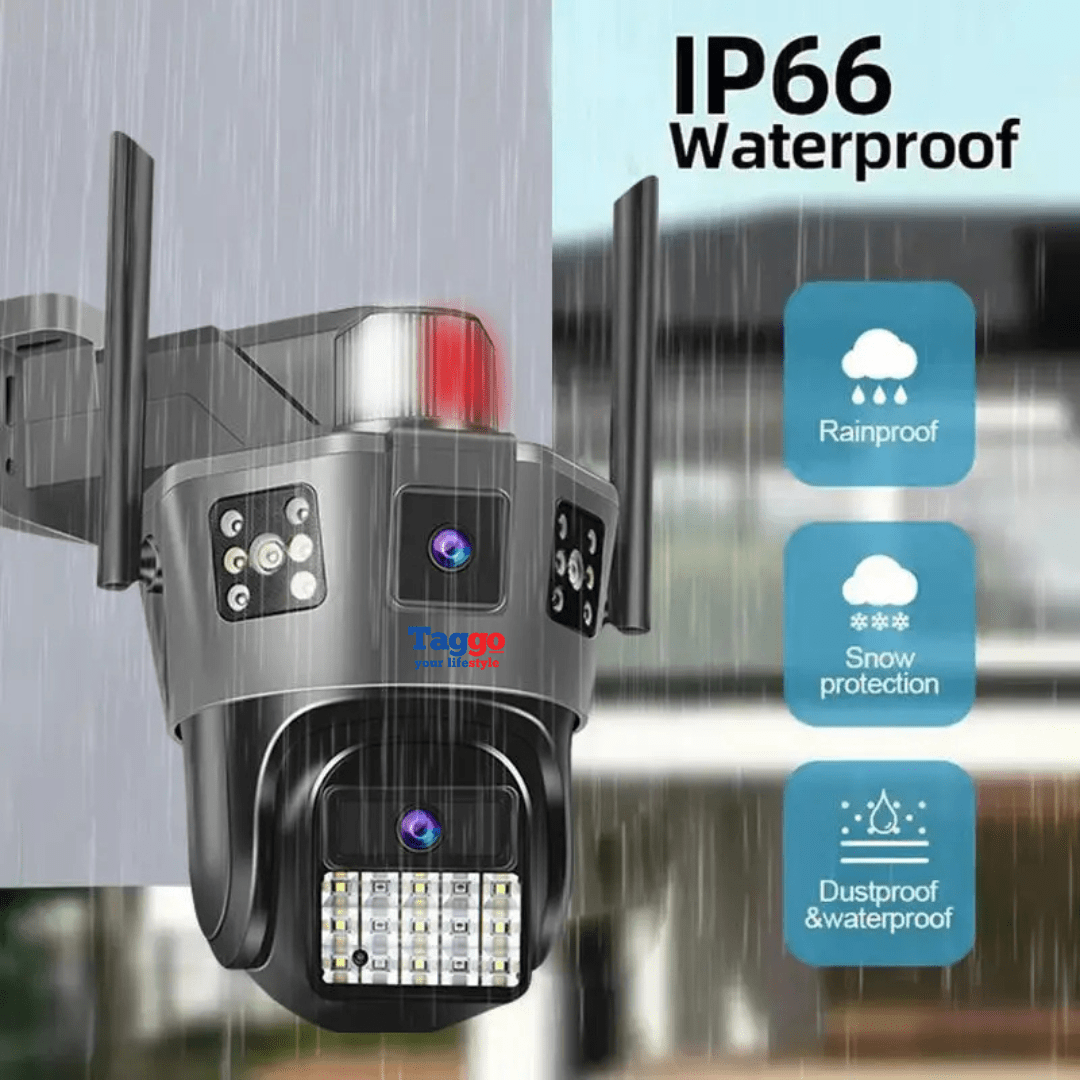 Camera de supraveghere 4G Taggo.ro, rezistentă IP66, cu 2 lentile, control din aplicație și urmărire automată.
