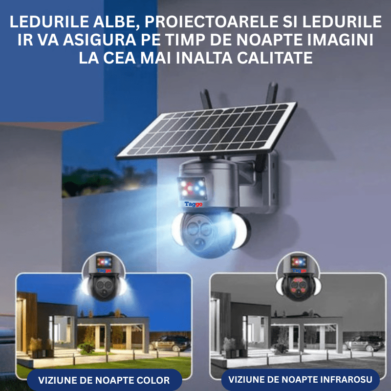 Camera supraveghere 4G 4K HD cu lentilă dublă, zoom 12X, alimentare solară, rotire din aplicație, IP66, marca Taggo.ro