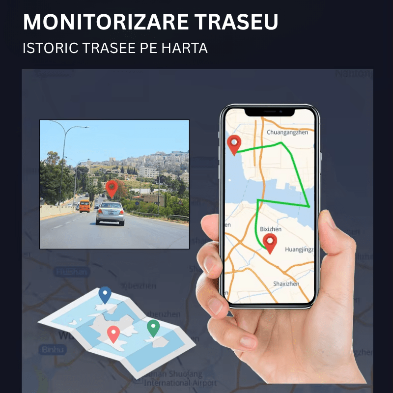 Camera auto Taggo 2K cu conexiune 4G, vedere față și spate, GPS și monitorizare traseu pentru mașină.