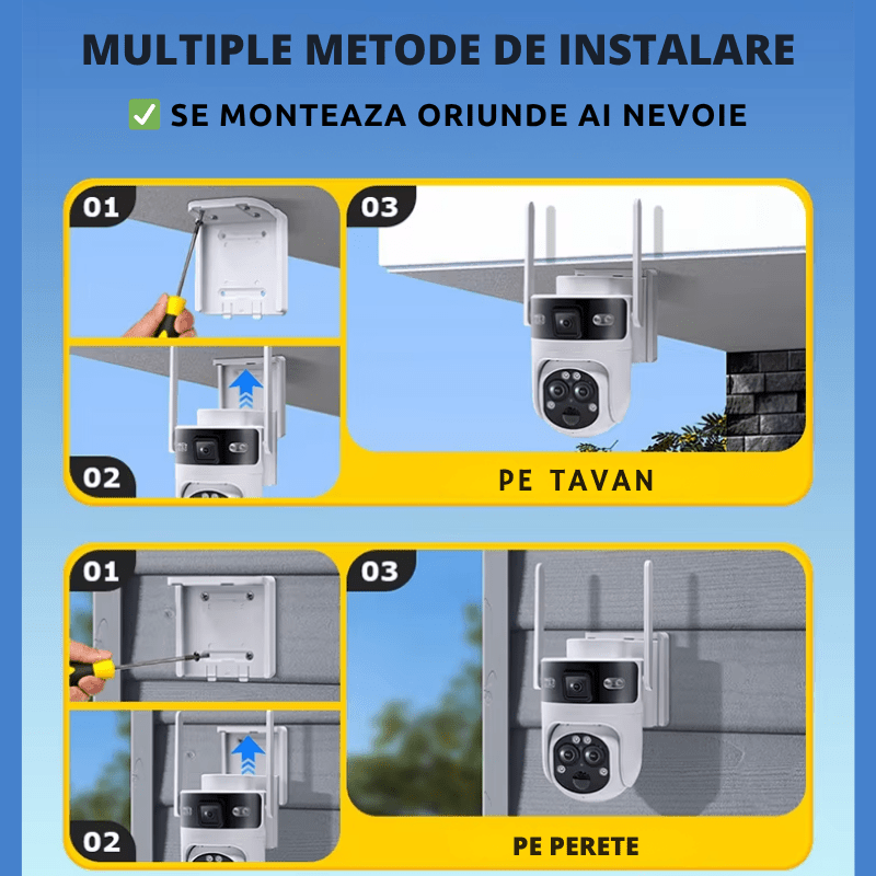 Camera de supraveghere Taggo exterior cu zoom 15x, rezoluție 6MP, conectivitate 4G, lentile multiple, vedere nocturnă și încărcare solară.