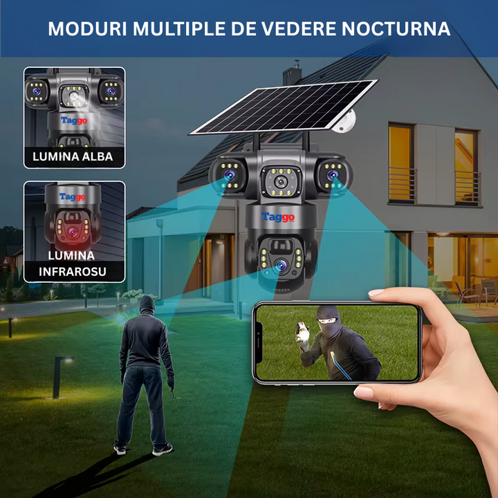 Camera Supraveghere cu Panou Solar, Conexiune 4G Cartela SIM, 9MP, 3 Lentile, Comunicare Bidirectionala - Taggo.ro