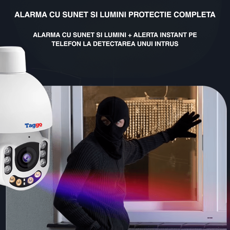 Camera supraveghere wireless Taggo.ro cu lentilă zoom optic 5X, 3MP, rezistentă la apă și praf IP66, detectie umană și comunicare bidirecțională