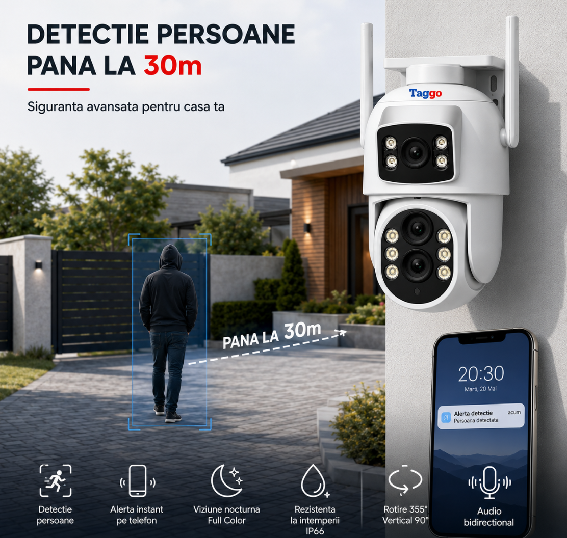 Camera Supraveghere WIFI, Rezolutie 6MP, Zoom 10x, 2 Lentile, Comunicare bidirectionala