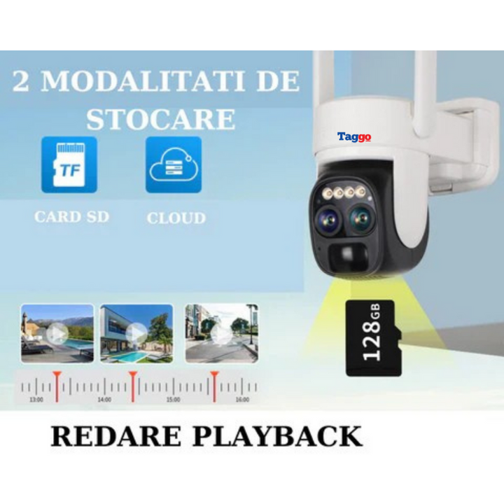 Camera Supraveghere Exterior 4G 4K Ultra HD, Dual Camera 4MP+4MP, 10X Optical ZOOM, Incarcare Solara, Rotire Din Aplicatie, Rezistenta La Apa IP 66 - Taggo.ro