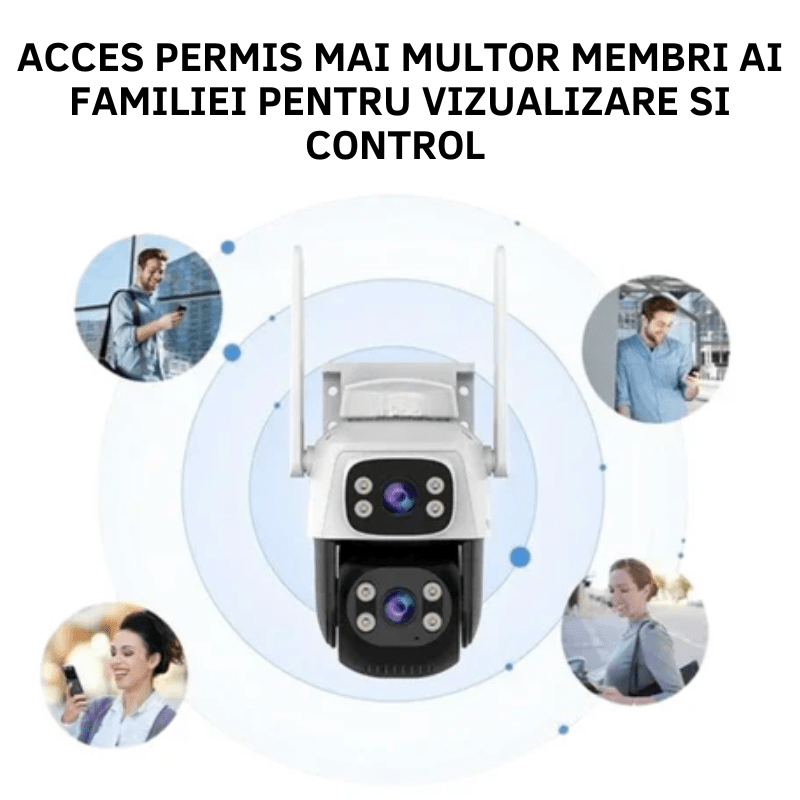 Camera de supraveghere WiFi VSTARCAM cu două lentile HD 6 MP, vedere nocturnă, IP66, audio bidirecțional și detectare mișcare.
