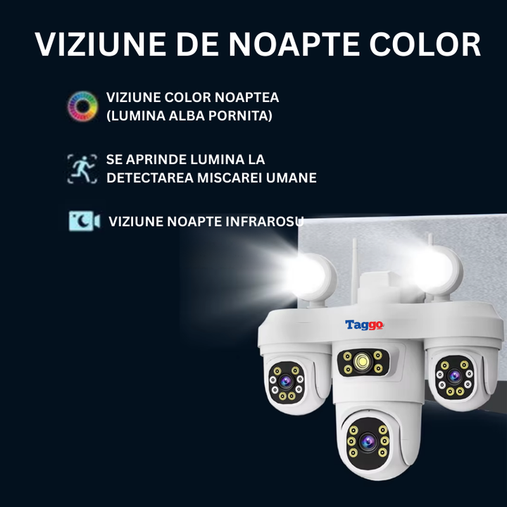 Camera Supraveghere WiFi cu 3 Lentile, 12MP, Viziune Color Noaptea, IP65, Audio Bidirectional, Urmarire Automata - Taggo.ro