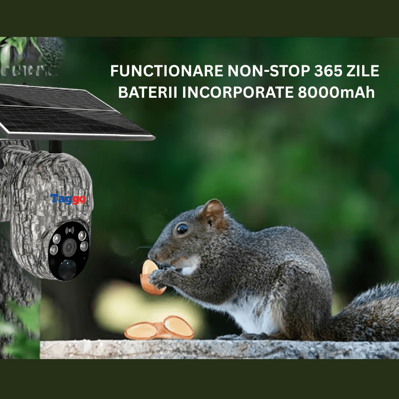 Camera de supraveghere Taggo.ro, camuflaj, 4G, 4MP, detectare animale, comunicație bidirecțională, alarmă.