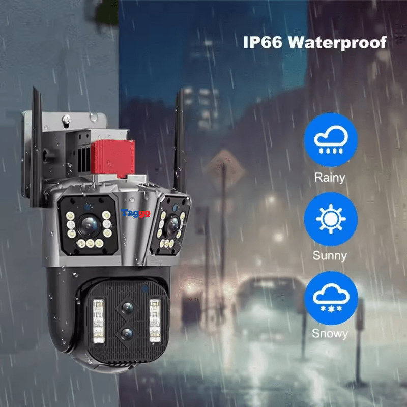 Camera de supraveghere Taggo cu zoom 10X, WiFi 8K, 16MP, 4 lentile, control aplicație, urmărește automat.