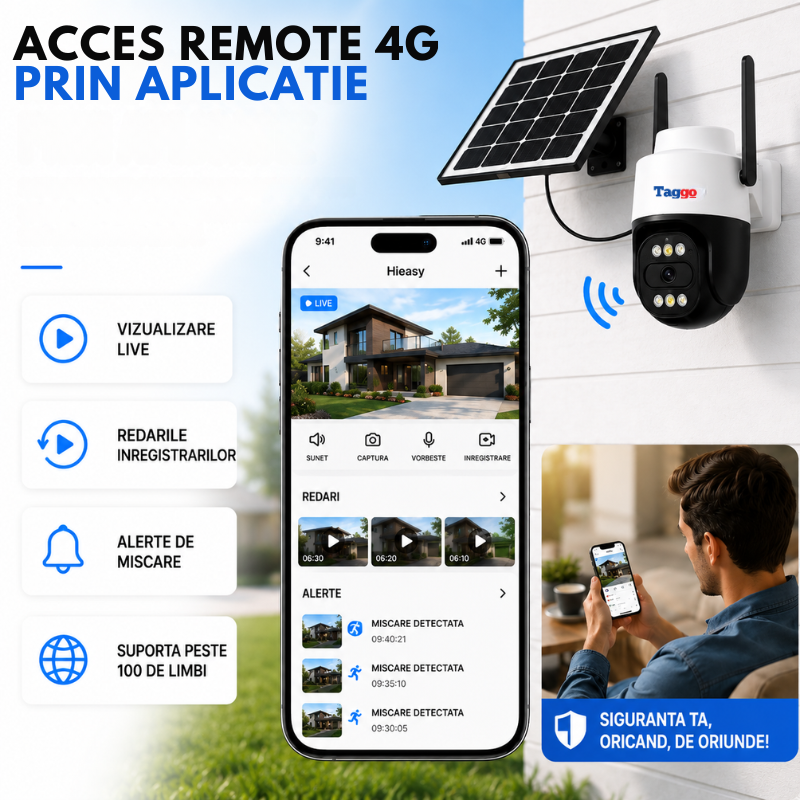 Cameră de supraveghere P60 4G cu panou solar 10W, 5MP și funcție PTZ, de la Taggo.ro, montată în exterior.