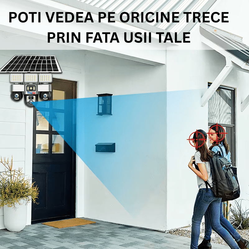 Camera de supraveghere Taggo.ro cu panou solar, 12MP, vedere nocturnă, detectie mișcare, rezistentă la intemperii, comunicare bidirecțională