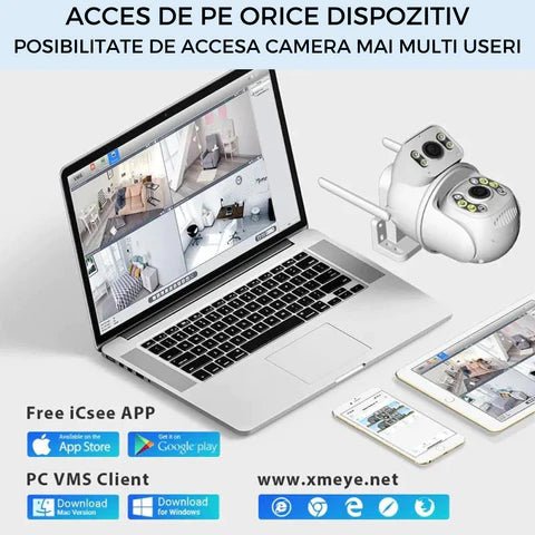 Camera WiFi de supraveghere Taggo 4K cu 8MP, 2 lentile, control din aplicație și rezistență la apă IP66.