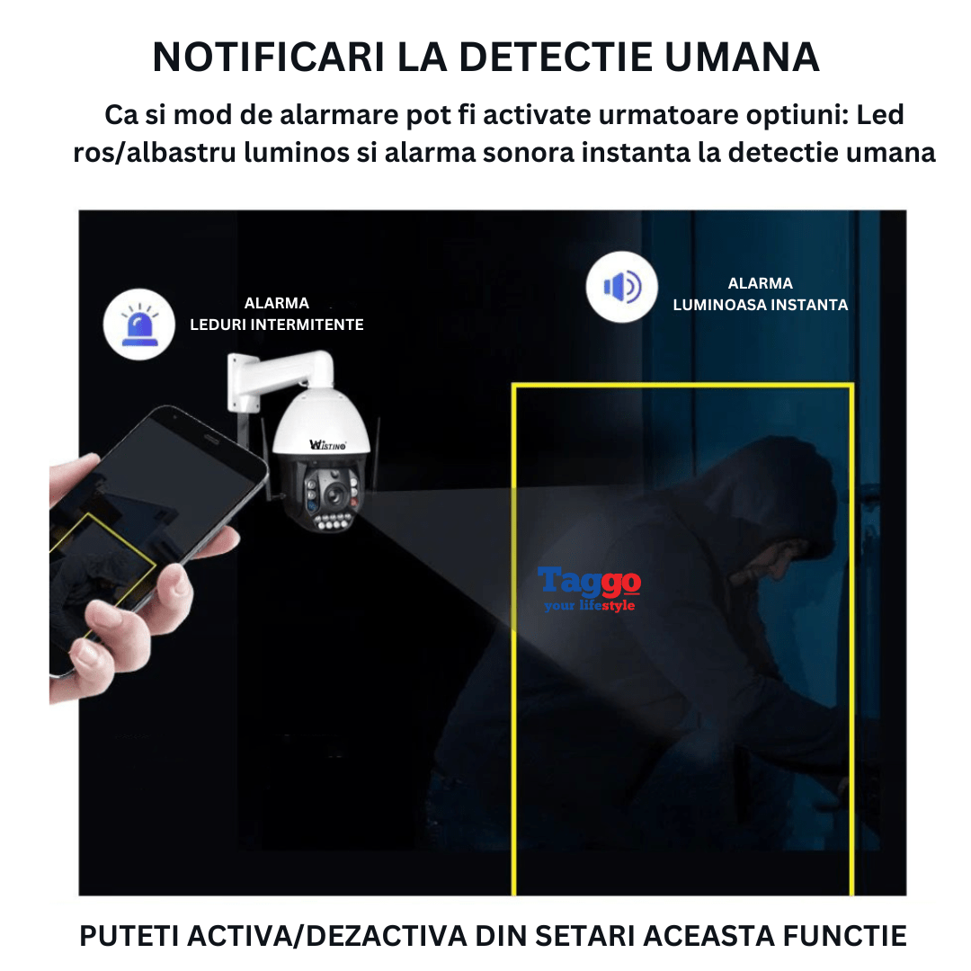 Camera de supraveghere WIFI 4K Ultra HD cu zoom optic 99X, rotire 360° din aplicație, rezistentă la apă IP66, Taggo.ro