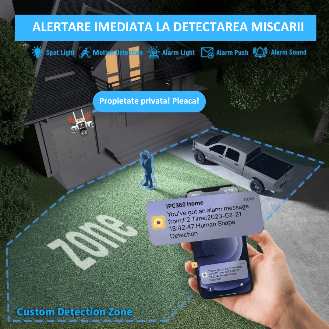 Camera de supraveghere WIFI 8K Crocodil Taggo.ro cu zoom 10X, 16MP, control din aplicație și detectare mișcare.