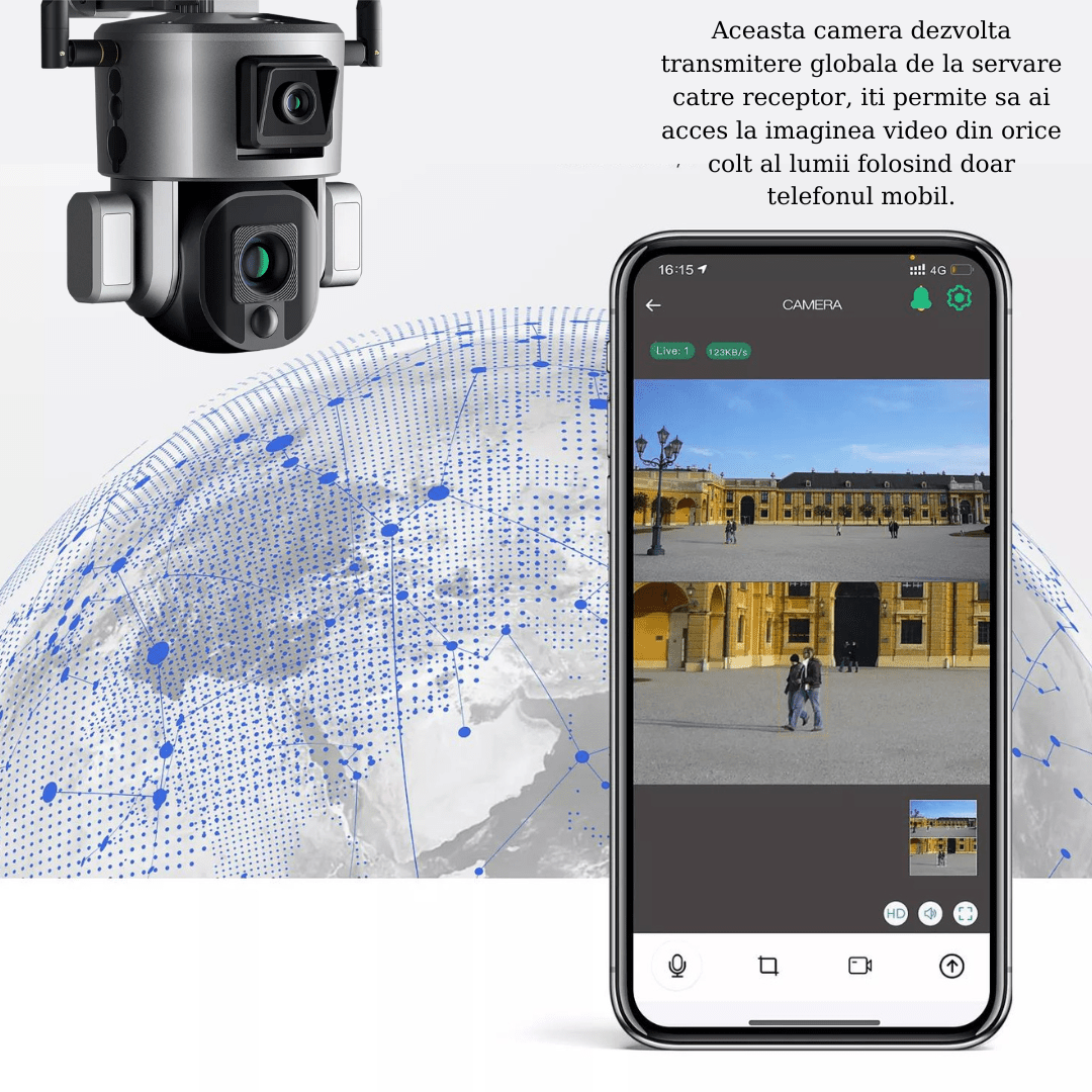 Camera supraveghere wireless exterior WISTINO 4K, dual camera 4MP+4MP, rezistentă la apă IP66, cu încărcare solară și rotire din aplicație.