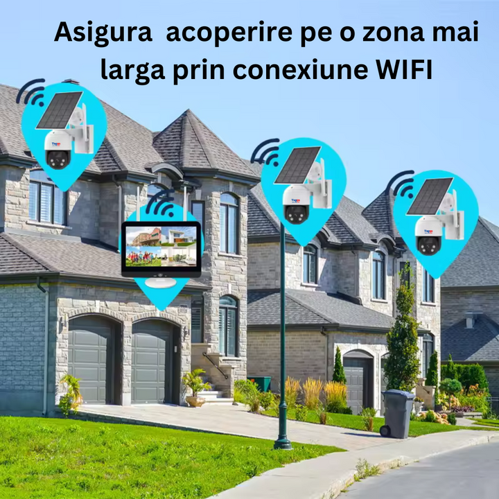 Sistem Supraveghere 4 Camere Exterior 360 Wireless Profesional cu Incarcare Solara, 4 Canale HD 4MP Wireless Monitor LCD IR 30m - Taggo.ro