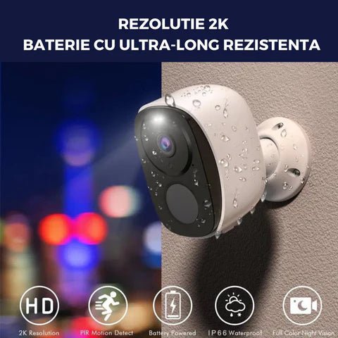 Camera de supraveghere 4G Taggo.ro cu rezistență IP66, 4MP, baterie incorporată și control prin aplicație.