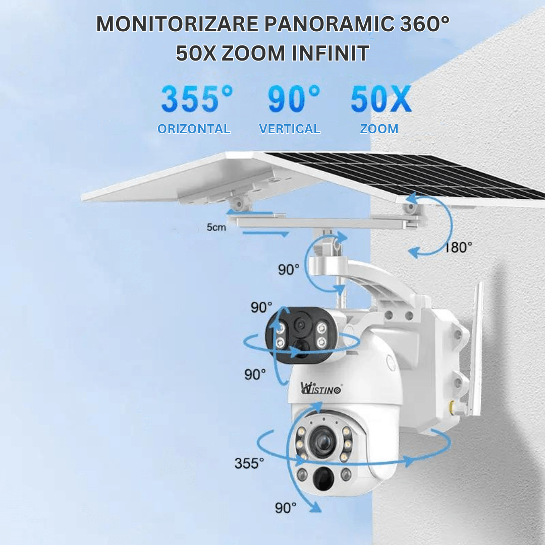 Camera de supraveghere 4G 4K Ultra HD, zoom 50X, dual lens, rezistentă la apă IP66, cu panou solar și control din aplicație.