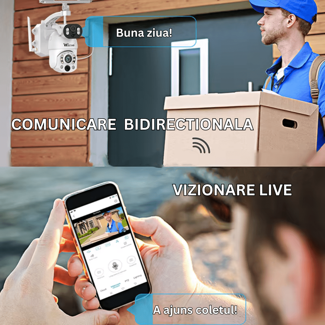 Camera supraveghere 4G 4K Ultra HD cu zoom 50x, dual lens, panou solar, rotire din aplicație, rezistentă la apă IP66.