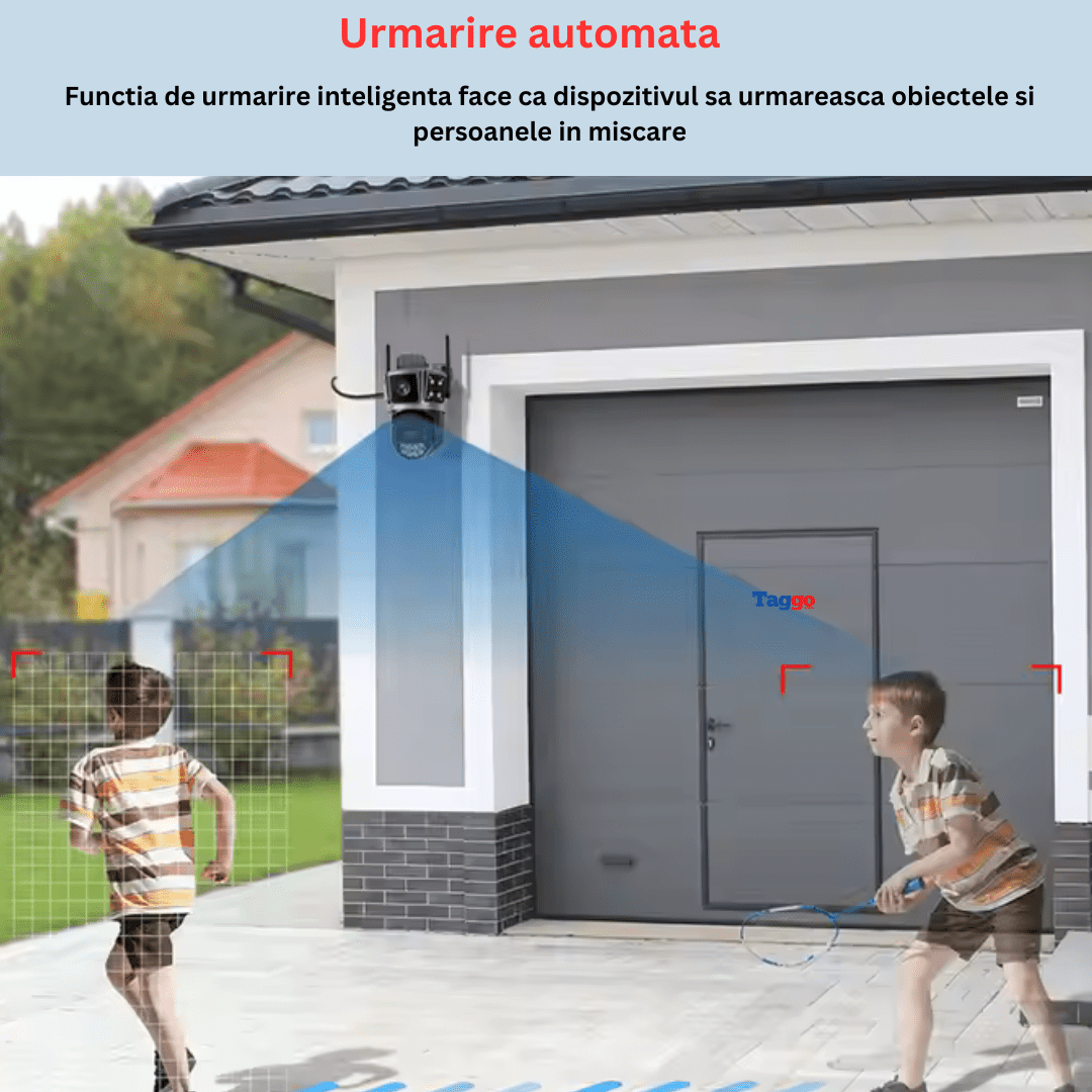Camera de supraveghere WIFI 6K 10MP Taggo.ro cu 3 ecrane, urmărire automată, control din aplicație, rezistentă la apă, full color.