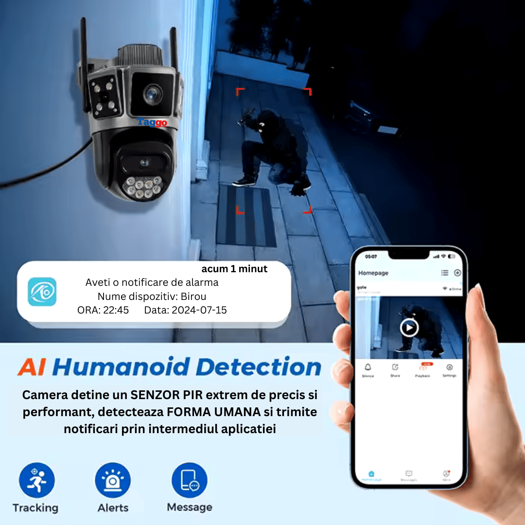 Camera de supraveghere WIFI 6K, 10MP, rezistentă la apă, cu control din aplicație, urmărie automată și ecran full color.