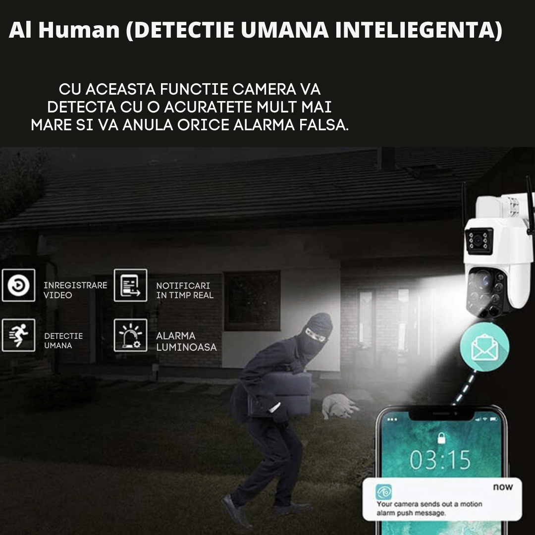 Camera supraveghere Fast Bundle cu panou solar, rezoluție 4K, zoom 100X, PTZ exterior și alertă umană inteligentă.