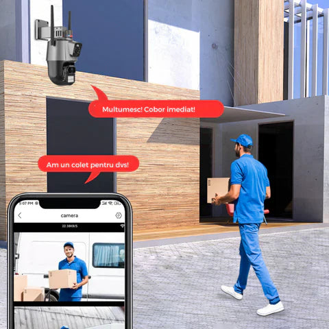 Camera de supraveghere WIFI 5K, 3 lentile, Zoom 8X, Control din aplicatie, Urmarire automata, Rezistenta la apa IP66 - Taggo.ro