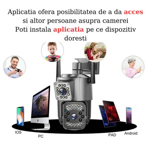 Camera de supraveghere 4G Taggo cu rezistență IP66, 4K, 8MP, 2 lentile, control din aplicație și urmărire automată.