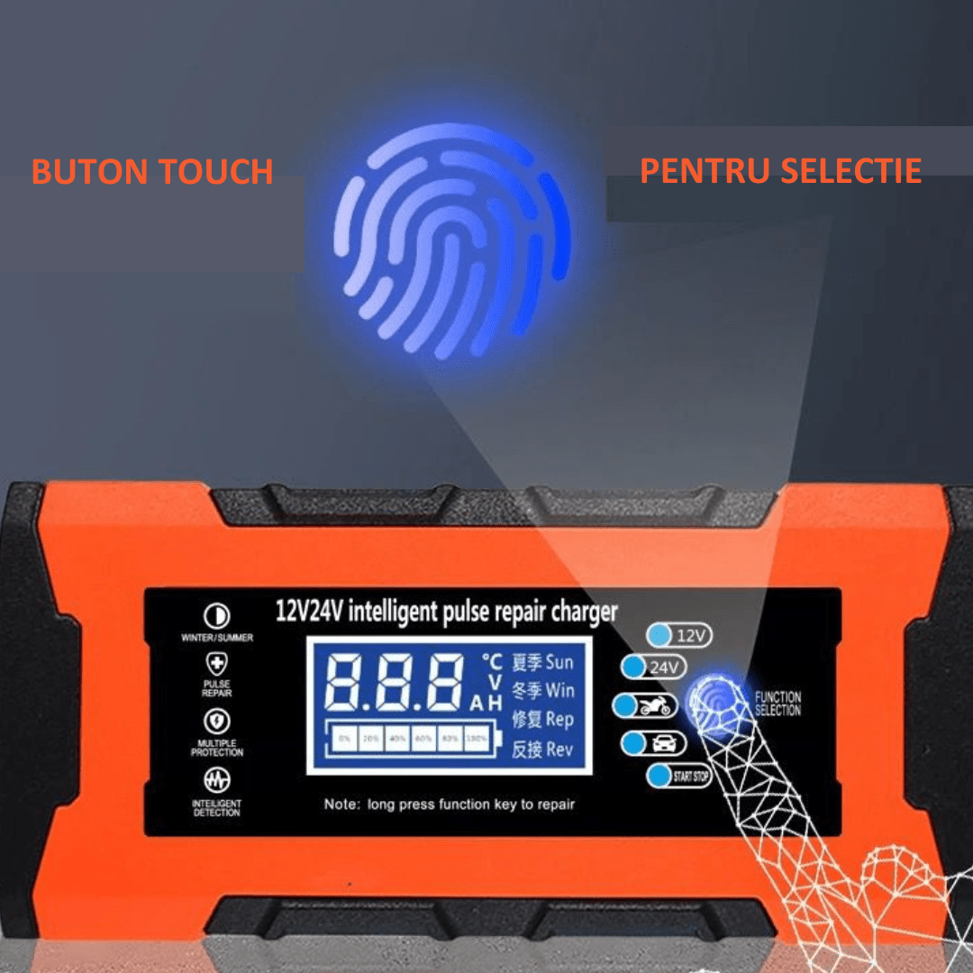 Buton de selectare pentru redresor de baterii auto inteligent Taggo, cu buton touch și opțiuni pentru 12V 150Ah și 24V 100Ah.